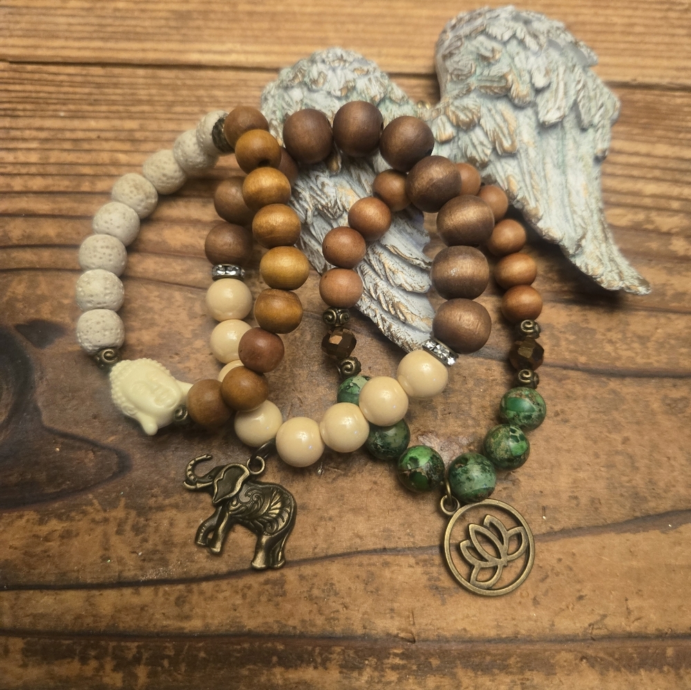 Natural Wood and Stone Beaded Bracelet Set
